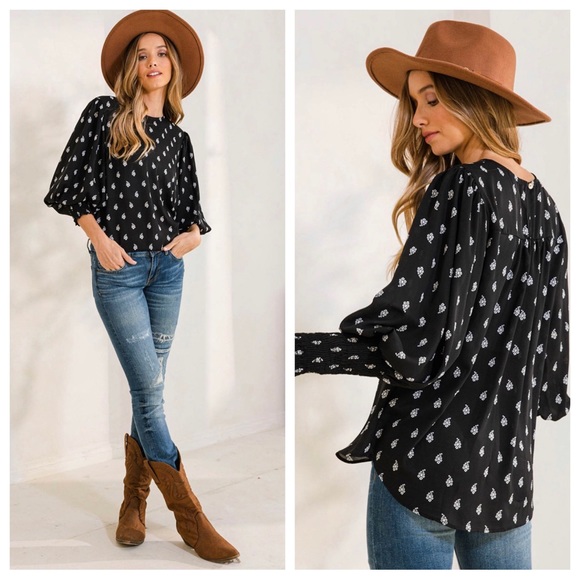 #36 Boho Print Lantern Sleeve Blouse Top - Picture 6 of 7